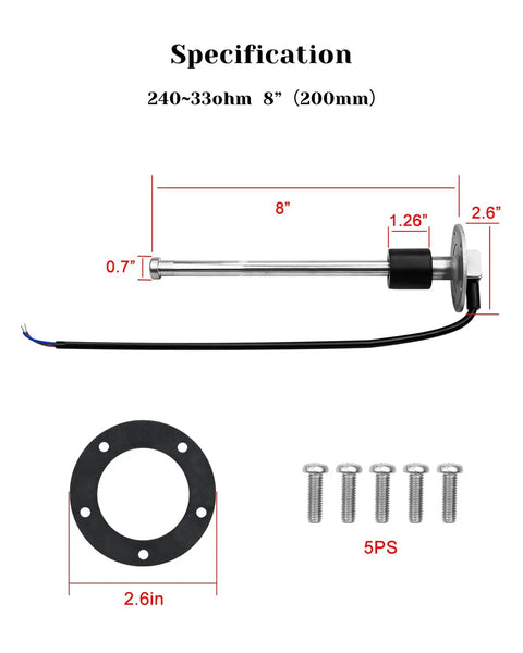 240-33 Ohms 8 Inch Fuel Level Sending Unit For Marine Boat Truck Car Fuel Water Level Gauge Sensor Stainless Steel 316 Tank Sender With Five Hole Mount, 8in