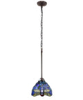 Sunniva Dragonfly Tiffany-Style 1 Light Mini Pendant, 8 inch wide, E26 bulb capable, blue handcrafted glass shade with dragonfly design