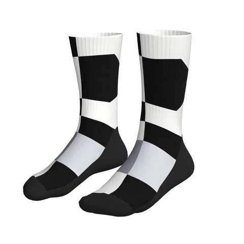 Fresh Black And White Piano Grid Print Crew Socks For Men And Women Straight Up Comfy Polyester Athletic Hosiery showing unique geometric pattern.