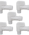 Five white plastic drum spigot faucets with one inch thread for 5 and 6 gallon jugs, durable polyethylene design.