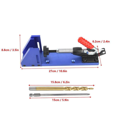 Pocket Hole Jig Wood Joinery Guide With Toggle Clamp And Step Drill Bit for DIY woodworking, showing dimensions.