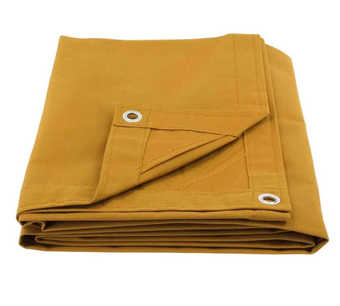 Folded 10 X 12 Tan Canvas Tarp With 12 Oz Heavy Duty Water Resistant Polyester, visible double stitched seams and metal grommets