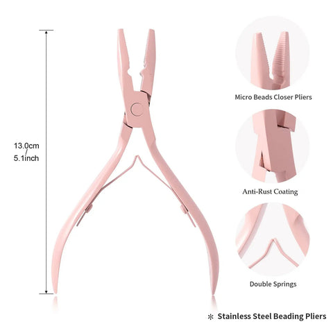 Micro Bead Hair Extensions Kit With Stainless Steel Pliers Pulling Hook And Beads Device Hot Pink For Easy Secure Micro Link Attachments A Complete Bead Tool Set For Quick Natural Looking Extensions, 13cm pliers