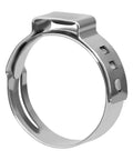 Close-up of a single ear hose clamp from the 120 piece set, 15.0 to 17.5 mm, 304 stainless steel cinch crimp rings for DIY projects.