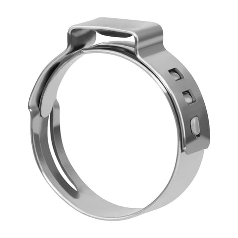Close-up of a single ear hose clamp from the 120 piece set, 15.0 to 17.5 mm, 304 stainless steel cinch crimp rings for DIY projects.