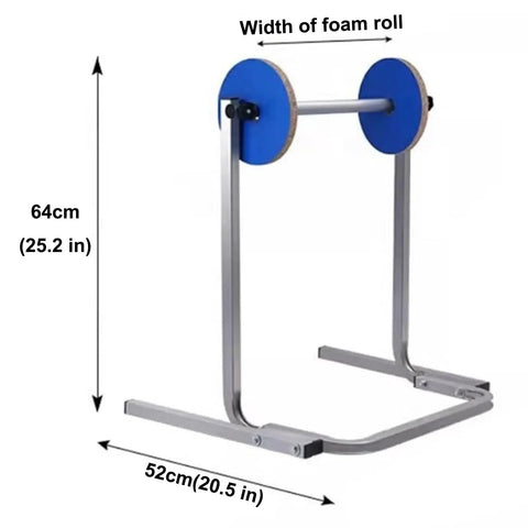 Heavy Duty Foldable Bubble Wrap Dispenser And Cushioning Roll Holder with measurements, featuring durable steel and blue discs.