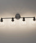 Four Light Matte Black Industrial Vanity Light Fixture Over Mirror With Clear Glass Globes, Farmhouse Bath Light