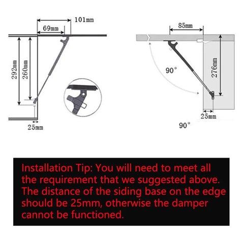 Beefy 2 Pack 10 Inch Gas Prop Shocks 100N 22LB installation diagram with measurements and angles for lid support