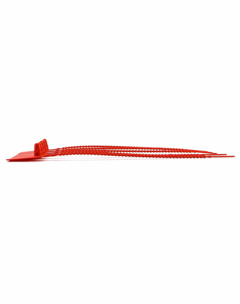 Side view of red Plastic Tamper Seals 200 Pack Self Locking Security Zip Ties For Fire Extinguishers And Fire Safety Pull Tite Tags Easy Slide Lock