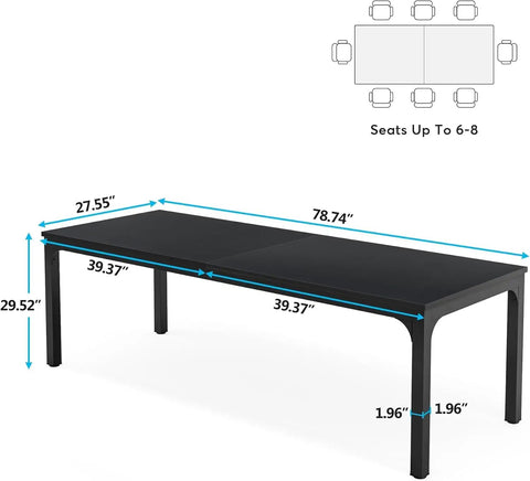 Extra Long Dining Table With Badass Steel Legs, Rectangle Kitchen Table And Dinner Spot Seats The Whole Squad Comfortably, Modern Black Wood Top In 79 By 28 By 30 Inches, Sturdy As Heck setup showcasing dimensions and angles.