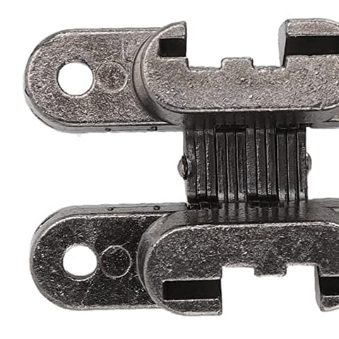 Invisible 180 Degree Zinc Alloy Cross Hinges For Cabinets And Wooden Doors Dope Hidden Hardware 43mm Mini Door Hinges 3 Piece Set Black Plated Heavy Duty For Jewel Boxes Folding Tables close-up detail