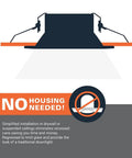 Illustration of 4 Inch Canless Recessed LED Downlight For Sloped Ceilings With Adjustable Tilt, highlighting no housing required feature.
