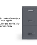 Three Drawer Vertical File Cabinet for Office Lockable and Mobile Holds Letter Size Documents Charcoal Steel Organizer front view