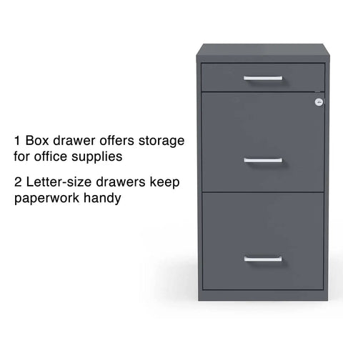 Three Drawer Vertical File Cabinet for Office Lockable and Mobile Holds Letter Size Documents Charcoal Steel Organizer front view