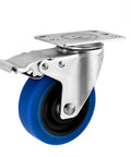 Slick 4 Inch 304 Stainless Steel Casters Set Of 4 With Medium Blue TPR Rubber Dual Axle Wheels close-up with locking brake.