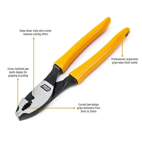 Yellow-handled plier from Beefy 4 Piece Dip Plier Set With Mixed Material Handles For Pro Grade Grip And Flush Cutting, High Leverage Joints Deliver Up To 35 Percent More Power, Angled Teeth For Superior Grip And Pull, 20 Degree Head For Clean Flush Cuts.