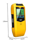 Handheld Stud Finder Sensor LCD Display Portable Wall Scanner Detector in yellow with LCD screen, measuring 176mm x 72mm x 37mm.
