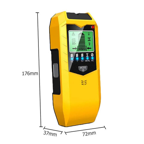 Handheld Stud Finder Sensor LCD Display Portable Wall Scanner Detector in yellow with LCD screen, measuring 176mm x 72mm x 37mm.