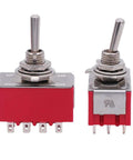 Mini Toggle Switch 4PDT 3 Position On Off On with 12 Pins Waterproof Cap for Cars and Boats, front and side view