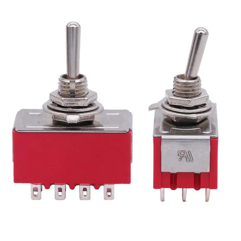 Mini Toggle Switch 4PDT 3 Position On Off On with 12 Pins Waterproof Cap for Cars and Boats, front and side view