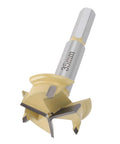 Hinge boring bit, 35mm, side view; 9mm hex shank, 10mm drilling depth, 3-flute cutter for woodworking