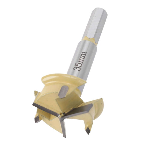 Hinge boring bit, 35mm, side view; 9mm hex shank, 10mm drilling depth, 3-flute cutter for woodworking