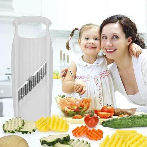Front view of white Börner Wave-Waffle XXL Power Line vegetable slicer with crinkle-cut/spirelli blades.