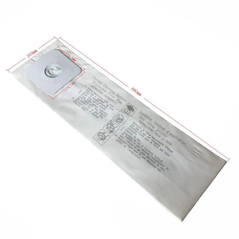 Flat view of 9 Pack Replacement Central Vacuum Bags For Nutone 391 And CV Series Your Go To Replacement With CV353 CV450 CV391 CV400 CV350 CV351 VX475 44186 CV352 CV653 CV750 CF3918 Models, showing measurements and details.