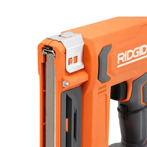 Close-up of the 18V Cordless Crown Stapler With Three Eighth Inch Heavy Duty Fasteners And Two Point Oh Amp Hour Battery Charger Kit features.