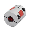 Five To Ten Millimeter Shaft Coupling Aluminum Alloy 30mm Length 25mm Diameter Plum Shaped Motor Coupler, red and silver finish, side view