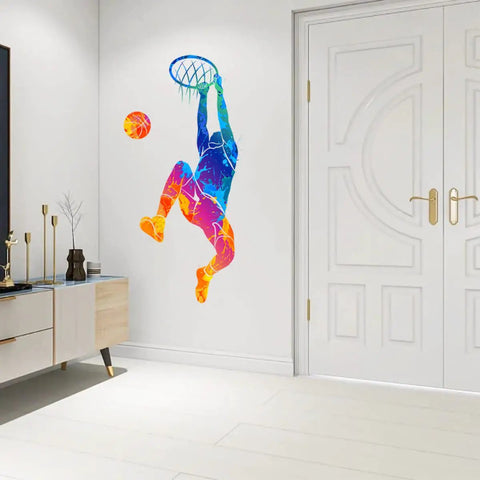 Watercolor Basketball Player Dunk Wall Stickers Dope For Boys And Teens Silhouette Peel And Stick Removable Wall Decor Art Murals