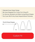 Diagram showing custom fit nose shapes for ironing board covers with wide, standard, and narrow options labeled.