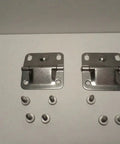 Stainless Steel Cooler Hinges Replacement Kit 2 Pack With 8 Mounting Screws To Fix Your Lid And Get Your Cooler Opening Easy Again Heavy Duty Hinge Set Built To Last displayed with screws on a plain background.
