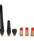 Top Tier TIG Welding Torch Consumables Kit With Gas Lens Ceramic Nozzles Copper Electrode Clips And Heat Resistant Parts For Long Lifespan Professional Jobs. Includes black ceramic nozzles and copper connectors.