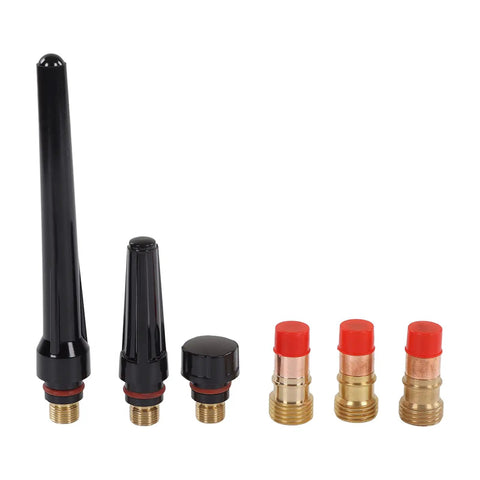 Top Tier TIG Welding Torch Consumables Kit With Gas Lens Ceramic Nozzles Copper Electrode Clips And Heat Resistant Parts For Long Lifespan Professional Jobs. Includes black ceramic nozzles and copper connectors.