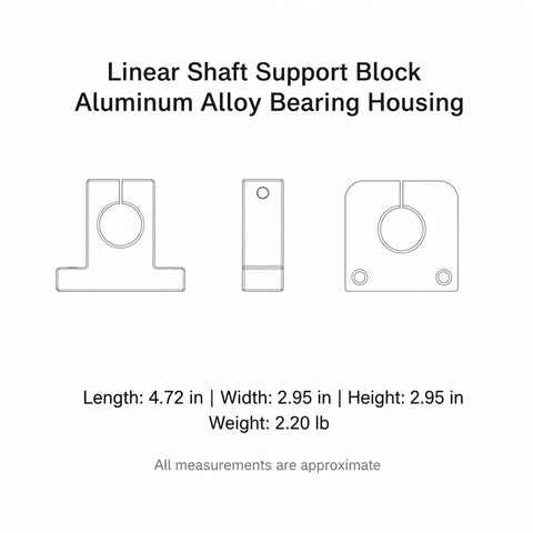 Rock Solid Aluminum Shaft Support Block And Bearing Housing With Precision Mounting Pad Slick Glide Technology and Knockdown Vibration Control For Cnc Routers and Shop Builds, showing dimensions.