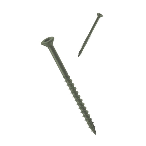 Top Shelf No 10 By 3 Point 5 Inch Torx Deck Screws Flat Out Rust Resistant Green Coating, showing screws with flat heads and aggressive threads.