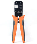 iCrimp IWS-3220M micro connector pin crimping tool, front view; orange-black ergonomic grips, ratcheting crimper.