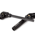 Heavy Duty Steel Drive Shaft For 1 To 10 RC Car Crawler With Six Length Sizes 104 To 139mm Universal Joint Hardened Build For Long Life Includes 4mm Set Pins To Hook Up Pinion And Transmission With Splined Engagement For Realistic Scale Look. 1/10 RC crawler steel universal drive shaft shown with splined ends