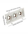 Superior Three Head Anti Glare LED Recessed Downlight with dimensions, showcasing three light fixtures and aluminum casing.