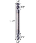 Front view of 1/8 in solid carbide square end mill, AlTiN-coated, 4-flute, double-ended, 1/8 in shank.