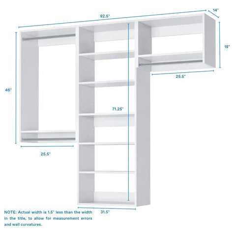 Top Tier Corner Closet Organizer Kit Featuring Dual Hanging Rods And Hella Spacious Shelf Towers For Maximizing White Storage Space Easy Install home organization dimensions and layout view.