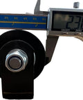 Close-up view of a 12 Inch Sliding Gate Rollers Set of 4 With Removable Axles, showing precise measurement with caliper.