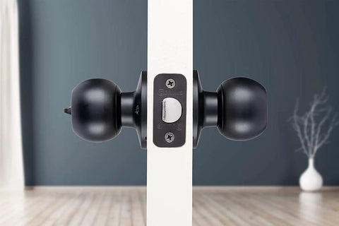 Transitional Privacy Door Knob Set In Matte Black For Exterior Doors With Lock, Dope Finish installed on a white door in a modern room.