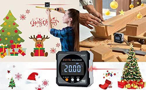 Digital Angle Finder With Laser And Magnetic Cube Protractor For Woodworking, displayed with Christmas decorations.