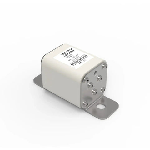 Pro Grade High Voltage Dc Fuse With Badass Durability For Ev Chargers Solar Arrays And Ess 400A 500A 630A 750V silver housing and mounting bracket.