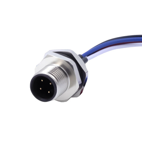 M12 4 Pin Aviation Connector Cable 0.2m Waterproof IP67 straight male back mount wireable plug with heavy duty metal shell