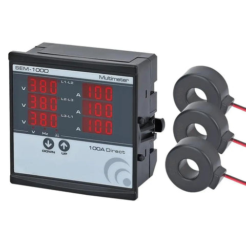 Three Phase Digital Multimeter With Three Current Transformers, Reads L-L And L-N Voltage, Amps, Frequency, Phase Sequence, 250A Range, Relay Indicator Window, Built For Real World Heavy-Duty Current, Panel Or Rail Mount, PCB Friendly.