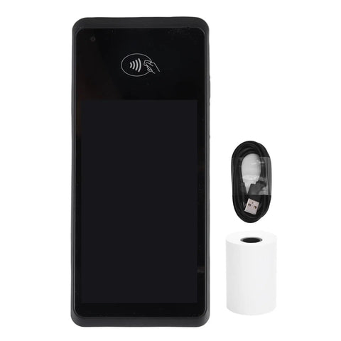 NFC Barcode Scanner With 5.0 Inch Touchscreen, 5G WiFi And 4G LTE, Handheld POS device with USB cable and receipt paper roll shown.