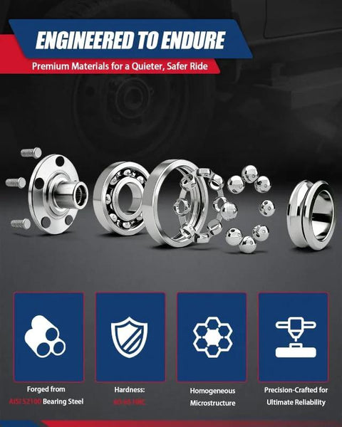 Hub Bearing Assembly Front And Rear 5 Lug With ABS For GM Vehicles 2010 To 2017 Equinox Terrain Malibu Impala Lacrosse Regal Cadillac XTS CTS Malibu Limited Front And Rear Compatibility, exploded view showing components and materials.